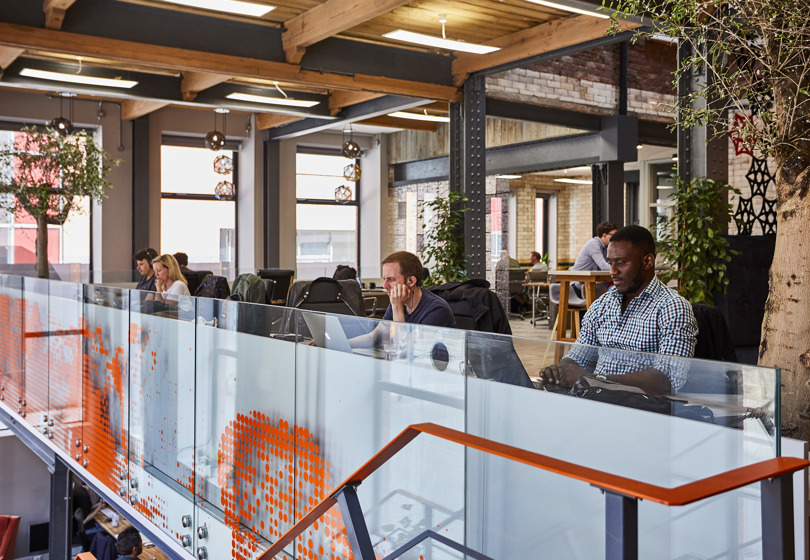 Modern office space with indoor trees and people working on laptops